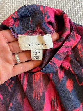 Topshop Pink & Navy Abstract Print Short Sleeve Top